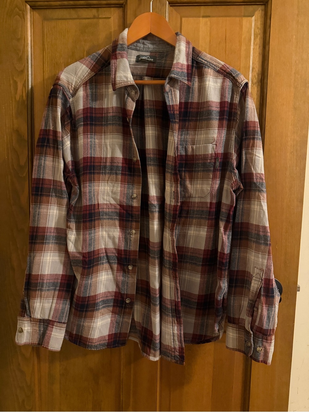 Eddie Bauer Plaid Flannel Shirt Womens XL - Boxy Fit Fall Rust Cream Navy